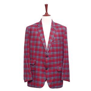 Mens Blazer Plaid Red Teal Blue Wool Formal Party Jacket Wedding Sport Coat 46R